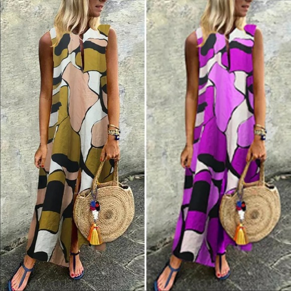 Abstract Print, Sleeveless, Kaftan Style Maxidress - Picture 2 of 11